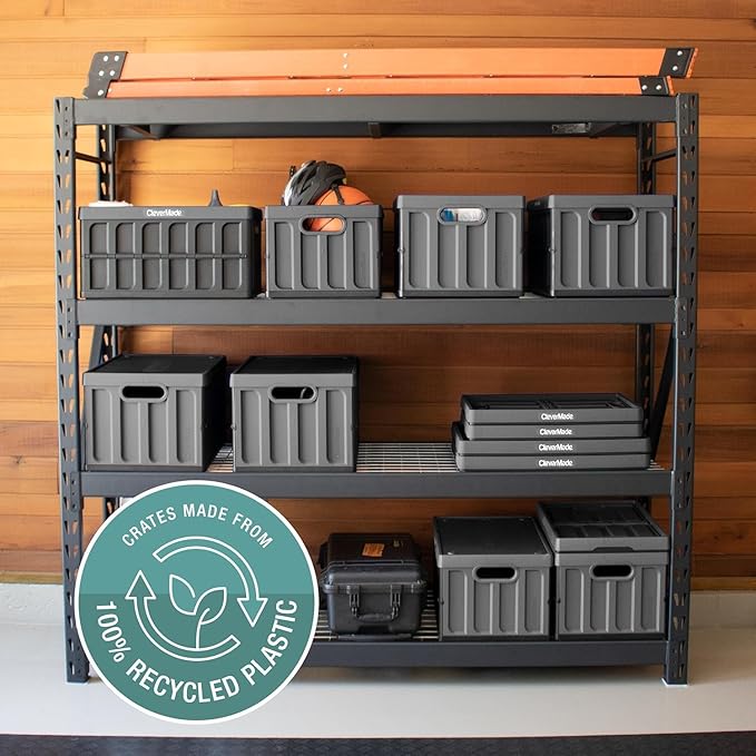 CleverMade Collapsible Storage Bins with Lids - Stone 1 Pack 62L - Plastic Container Stackable Organization Crate for Home - Closet Space-Saving Durable
