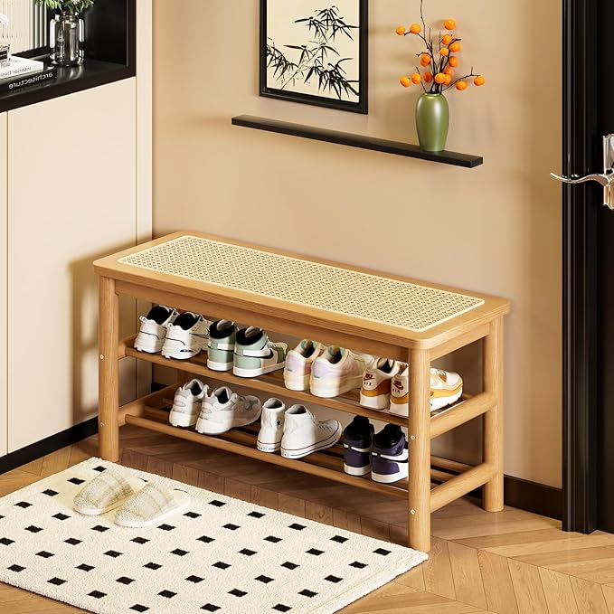 latifolia Shoe Rack Bench, 3-Tier Bamboo Shoe Bench with Breathable Rattan Seat Cushion, Shoe Storage Rack for Entryway(Nautre,31.50''L)
