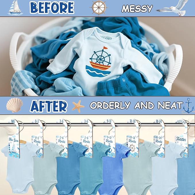 Baby Closet Dividers 8PCS, Nautical Themed Wooden Double-Sided Clothes Size Hanger/Organizer from Newborn to Toddler for Nursery Decor Baby Shower Birthday Gender Reveal Party Gift