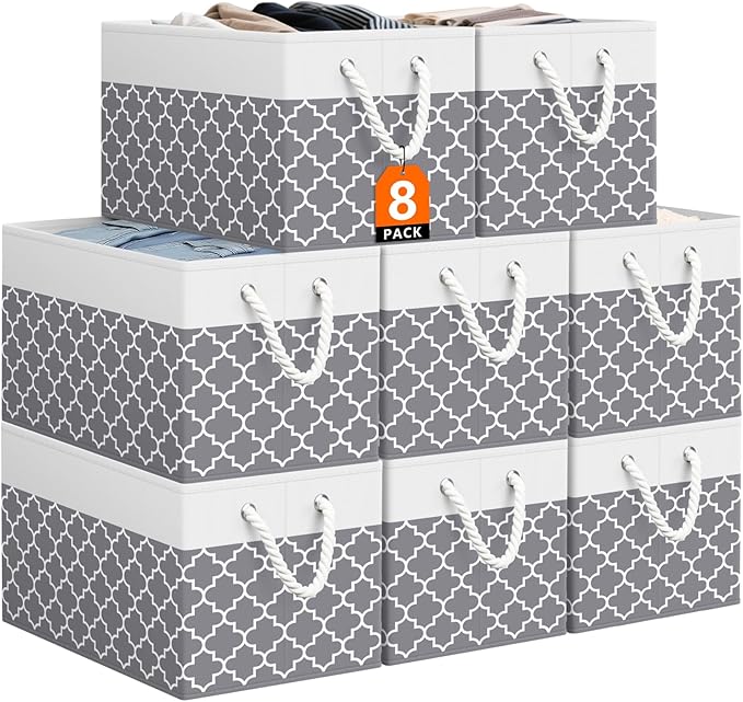 Storage Bin,Collapsible Storage Basket For Organizing,Large Storage Boxes With Rope Handles,Storage Containers,Clover Grey,8 Pack