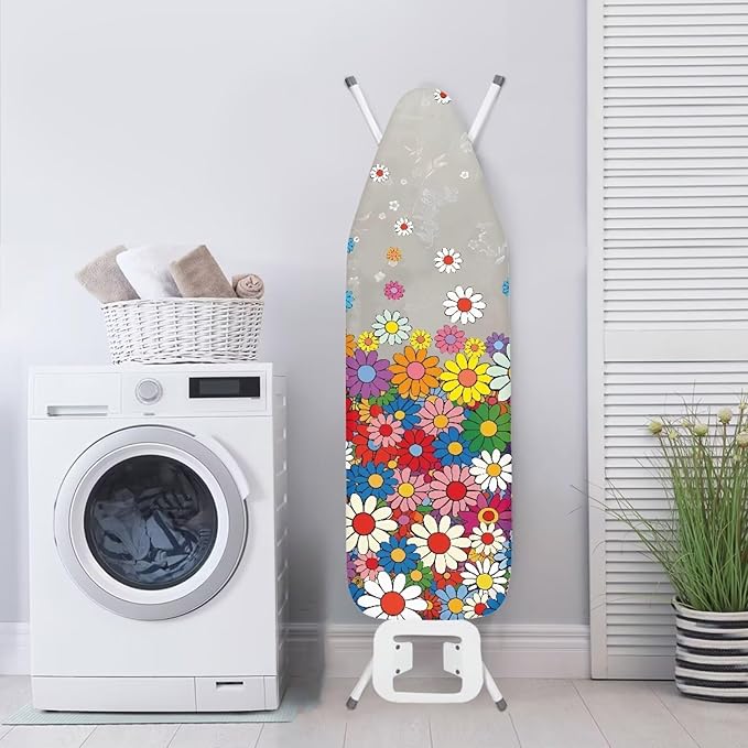 Hippie Flowers Print Marble Heat & Stain Resistant Ironing Board Cloth, Easy-Fit Iron Cover with Fasteners Elastic Edge Adjustable Fastener Straps for Ironing Board Decor