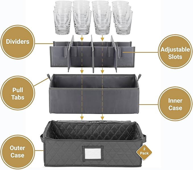2 Pack - China Cup Storage Chests Hold 24 Coffee Cups or Mugs – Stackable Glassware Organizer with Customizable Dividers and Inner Case for Extra Protection – Gray