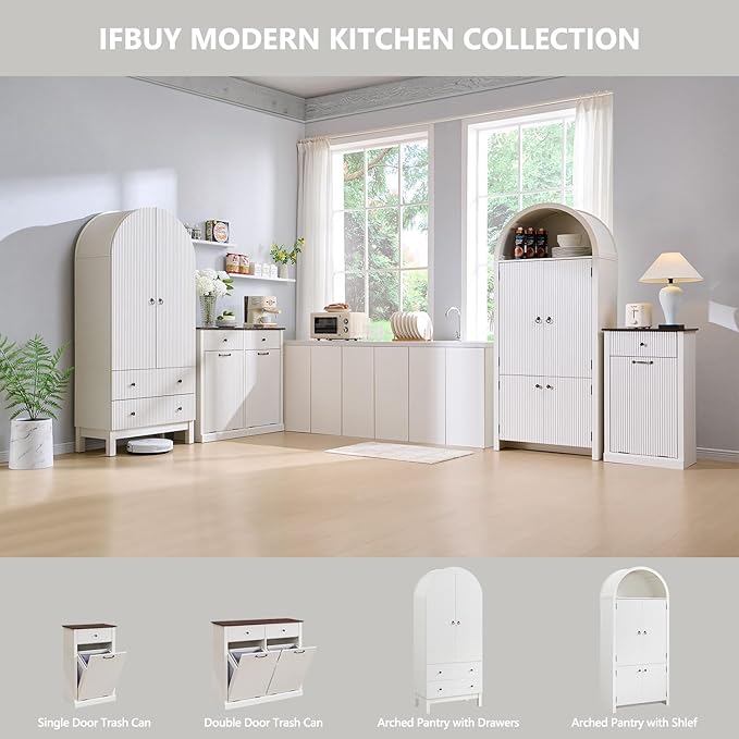 Modern Tilt-Out Laundry Hamper Cabinet, 10 Gallon Fluted Trash Can Cabinet with Drawer, Wooden Hidden Garbage Can Cabinets with Laundry Basket, Free Standing for Bathroom and Kitchen, White