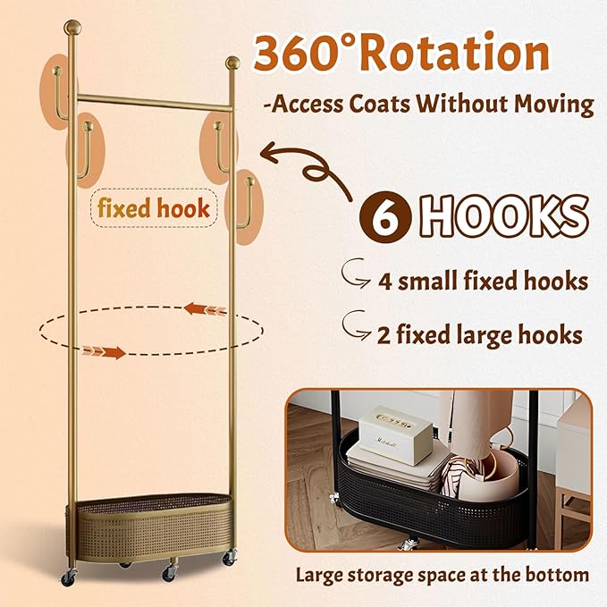 Coat Rack Freestanding Clothing Rack with Wheels & 1 Storage & 4 Hooks Heavy Duty Clothes Rack for Corner Bedroom Entryway Living Room Hotel (Black)