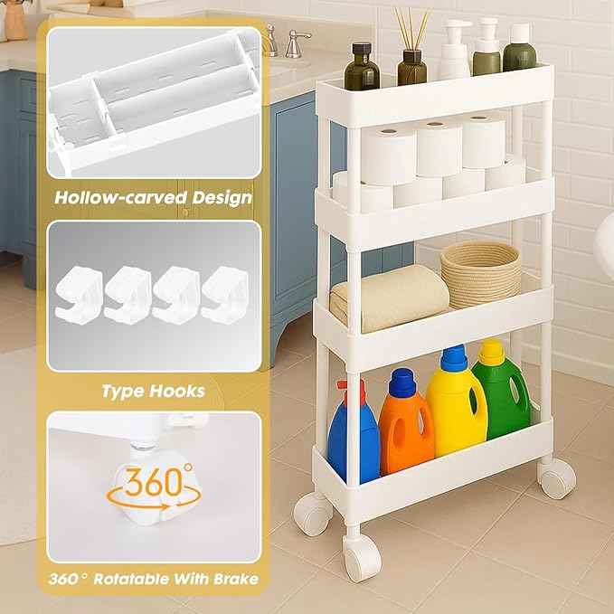 ShellKingdom 4 Tier Bathroom Storage Organizer, Slim Rolling Storage Cart for Narrow Space, Mobile Shelving Unit with Lockable Wheels and Hooks for Bathroom, Kitchen, Laundry Movable Shelf (White)