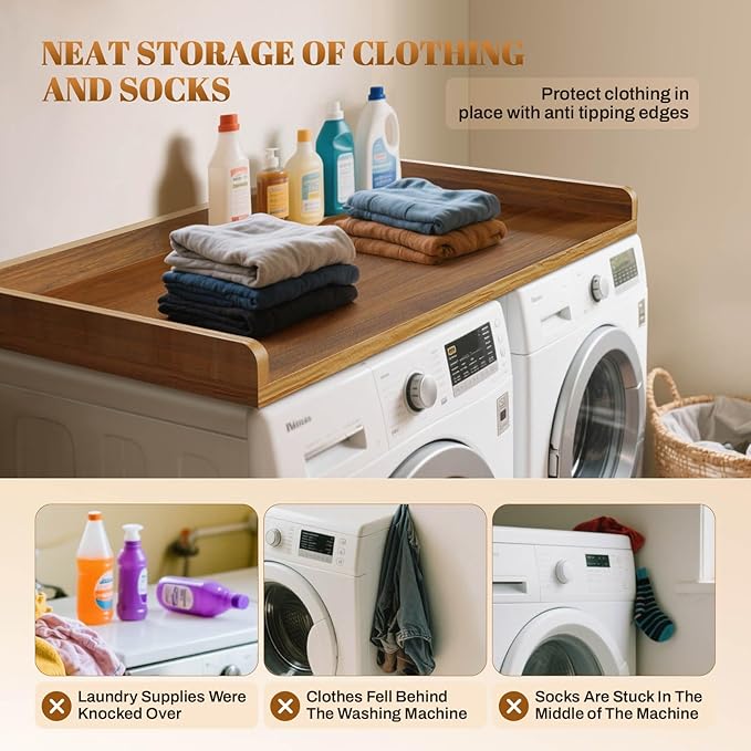 GCCSJ Washer Dryer Countertop, 54" Width x 27.5" Depth Wood Laundry Topper with Edge & Non-Slip Pads for Laundry Room Organization Storage & Clothes Folding, Walnut