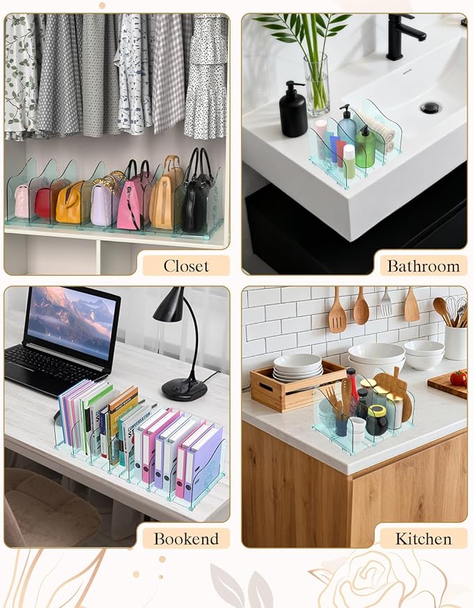 Rose Purse Dividers for Closet, 2 Pack Clear Clutch Purse Closet Organizers, Adjustable Handbag Storage Organizers, Plastic Bookshelf Separator Dividers for Bedroom Office