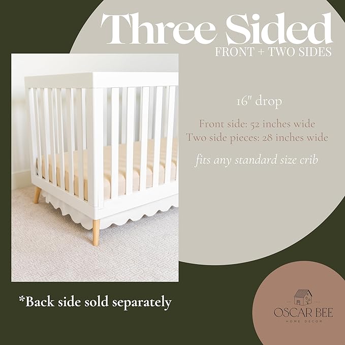 White Scalloped Crib Skirt Ruffle (Front/Two Sides) Adjustable Linen Cotton Blend, Neutral Baby Bedding for Boys and Girls, Elegant Nursery Decor Skirt
