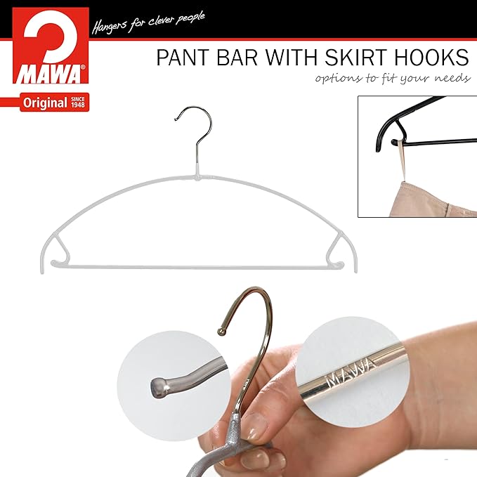 Mawa by Reston Lloyd Euro Ultra Light/Thin Series, Non-Slip Space Saving Clothes Hanger with Bar & Hook for Pants and Skirts, Style 42/PTU, Set of 2, White
