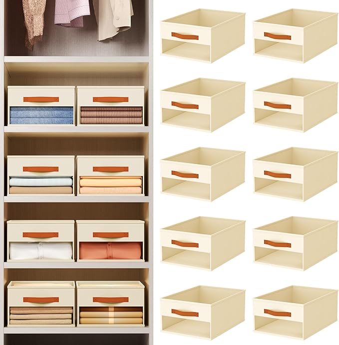 Drawer Organizers and Storage - 10 Pack Foldable Pants Organizer with Clear Window & Handles, Fabric Closet Organizer for Clothes, Jeans, Sweaters, Towels, T-shirt, Scarf (Beige)