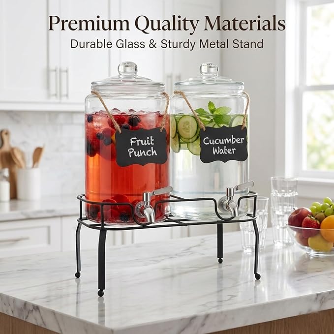1 Gallon Glass Drink Dispenser Set of 2, Drink Dispensers for Parties, Beverage Dispenser with Stand, Glass Lid, 100% Leakproof Spigot, Ideal for Lemonade, Juice, Iced Tea, Laundry Detergent Dispenser