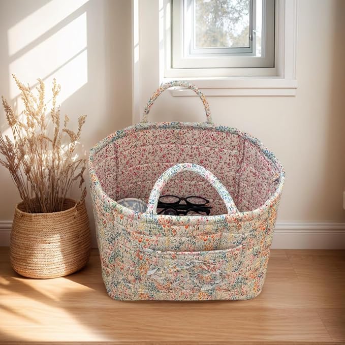 Quilted Fabric Storage Basket Boho Floral Laundry Baskets with Handles Collapsible Quilted Soft Basket for Car, Clothes, Toys Storage