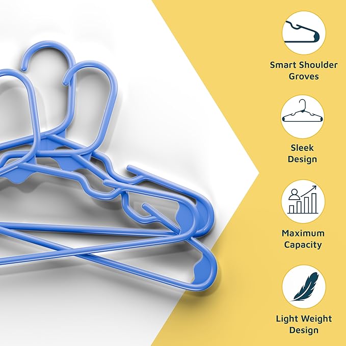 Lifemaster Plastic Kids Clothes Hangers – Children Clothes Hanger with Shoulder Notch, 11.6 Inch Space-Saving Closet Organizer for Baby, Toddler, and Kids Clothing, Hold Up to 5 lbs, Pack of 50, Blue