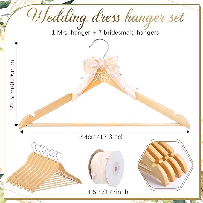 Geelin 8 Pcs Bride Dress Hanger and Bridesmaid Hangers for Wedding Ribbon Bow Pearl Elegant Wooden Mrs. Hangers for Bridal Keepsake Bridal Shower Wedding Day Gift