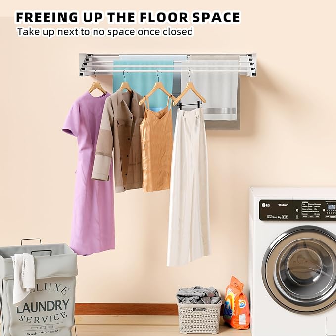 Laundry Drying Rack Collapsible, Wall Mounted Clothes, Retractable Wall Drying Rack, 23.6" Wide, 4 Aluminum Rods, Max 60 lb Capacity (White, 23.6'')