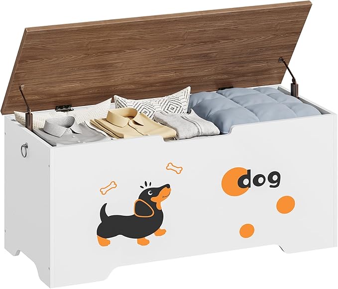 HOOBRO Toy Box, Toy Chest with 2 Safety Hinges, 39.4" Storage Bench, Wooden Storage Chest, for Entryway, Bedroom, Living Room, White and Walnut WH494CW01