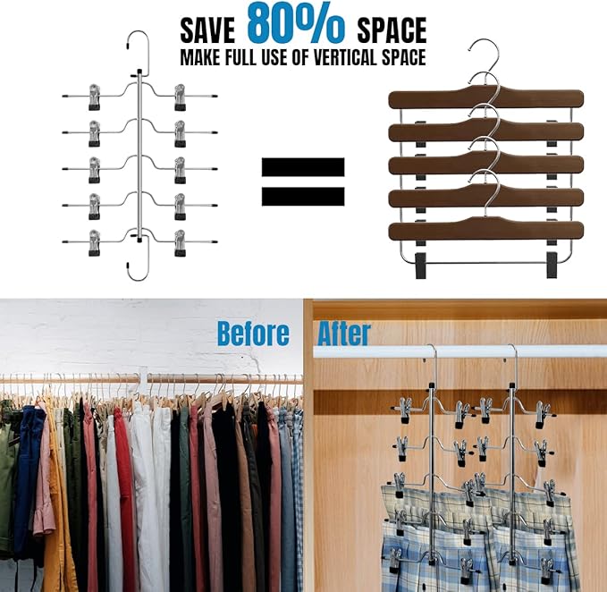 4 Pack Metal Pants Skirt Hangers Organizer,5 Tier Space Saving Hangers with Adjustable Non Slip Clips, Heavy Duty 360 Degree Swivel Hook, Gain 80% More Space for Slacks, Trousers, Shorts, Jeans