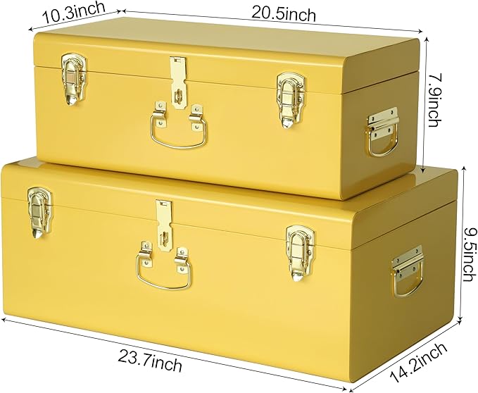 Vixdonos Storage Trunk Chest Decorative Large Metal Box Set of 2 College Dorm Organizer with Hardware Hasps and Handle for Home Deocr,23.7X14.2X9.5 Inches