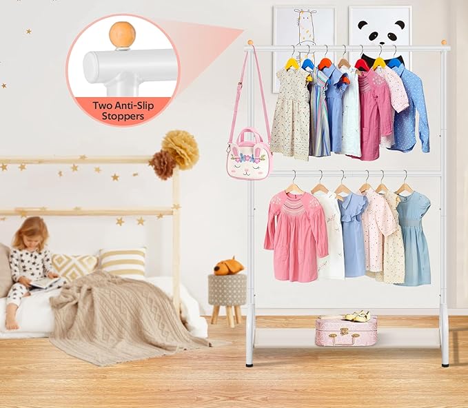 SLEEPING LAMB Double Rod Kids Clothes Rack, Small Toddler Clothing Rack with Bottom Storage Shelf for Baby Playroom Garment Rack, White