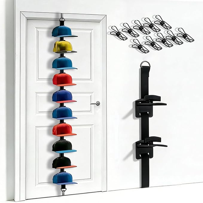 Over-the-Door Hat Rack Organizer with Clips,Hat Holder for Door,Hat Organizer for Baseball Caps,Adjustable No-Drill Anti-Drop Hat Storage with Display Hooks for Bedroom, Dorm or Doors