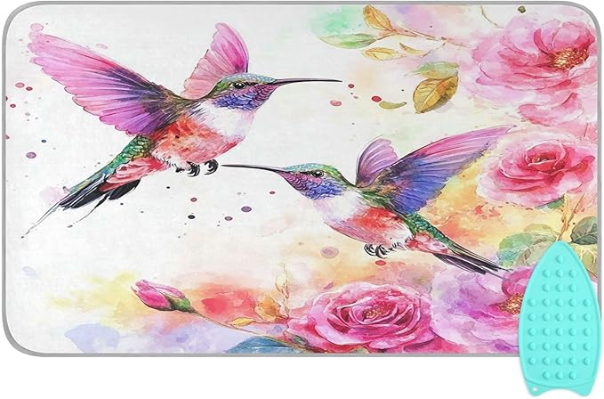 Watercolor Rose Pink Spring Hummingbird White Ironing Mat for Table top Portable Ironing Pad Blanket for Washer Dryer Countertop Travel