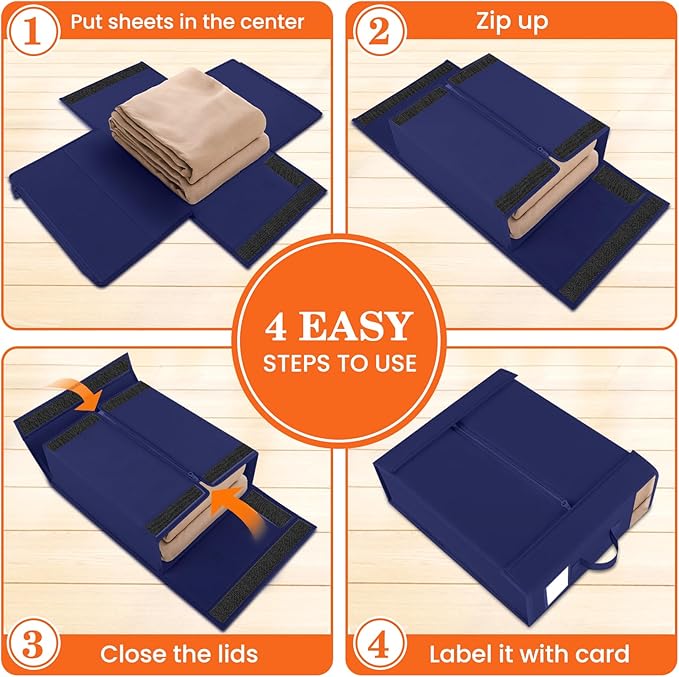 WOWBOX Sheet Organizers and Storage,Closet Bed Sheet Organizer Under Bed Storage and Organization with Label Cards & Clear Window for Bedding Sheets,Duvet Covers,Blankets (3 Pack，Blue)