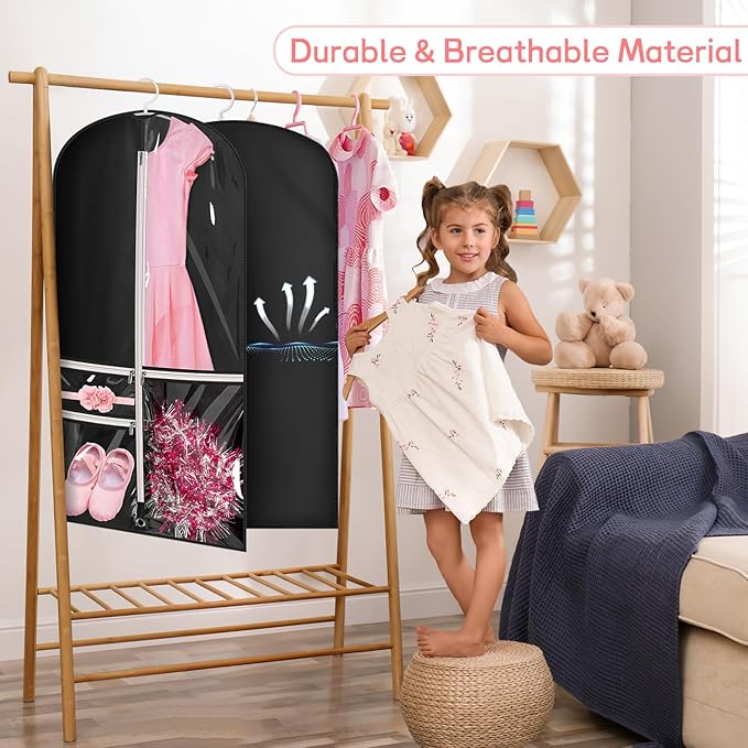 Kimbora Costume Dance Garment Bag with 3 Clear Zipper Pockets for Suits Dress Cover, Travel Storage & Competitions, Set of 2 (Black)
