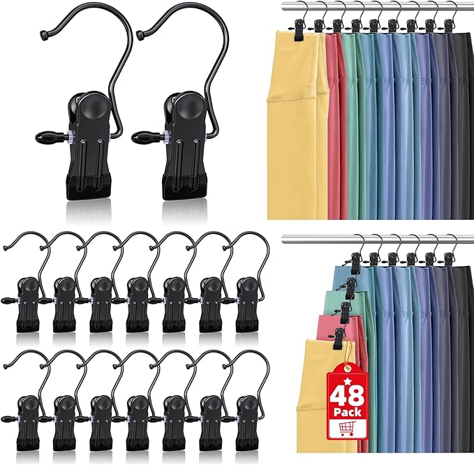 48 Pack Boot Hangers Clips for Closet, Heavy Duty Legging Organizer for Closet Hanging Pants Hangers with Clips Clothes Pins Hanger Clips Laundry Hooks Towel Socks Hats Tall Boots Home Travel Black