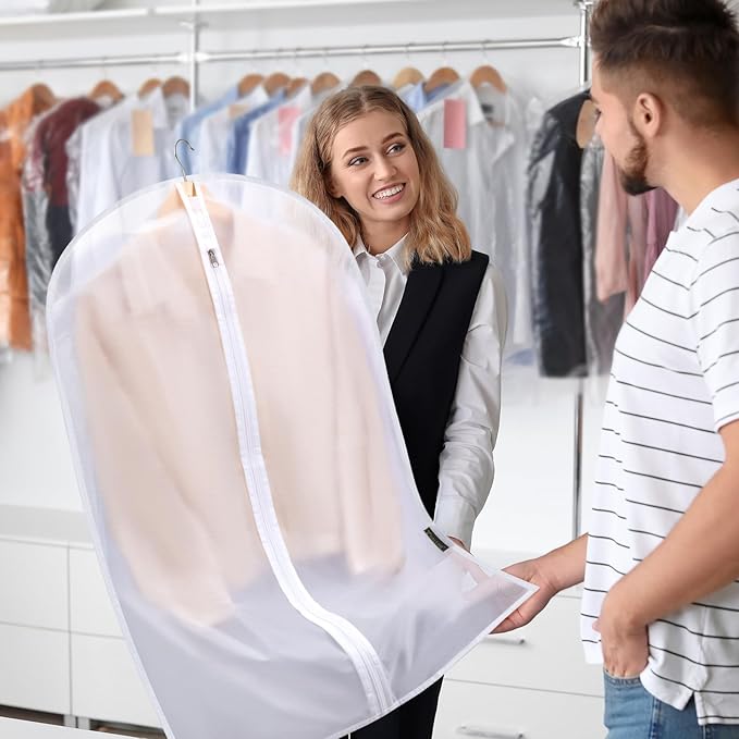 BALEINE 60'' Translucent Garment Bags, 12 Packs PEVA Dress Bag for Closet Clothes Dresses Suit Coats Storage (White, 12PK)
