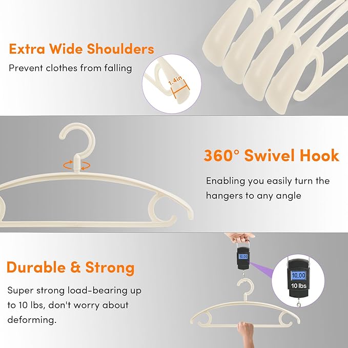 DEDU Plastic Clothes Hangers 20 Pack, Extra Thick Wide Shoulder Coat Hangers with 360° Swivel Hook Non Slip, Sweater Hangers Suit Hanger for Suits, Sweater, Dresses, Pants (Beige)