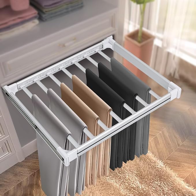 11 Arms Slide Out Pants Rack Closet Pants Hanger Bar Pull Out Trousers Rack Tie Belts Scarf Racks, Top Mounted Wardrobe Clothes Organizers Rail Pull Out Closet Storage Rod-Silver White