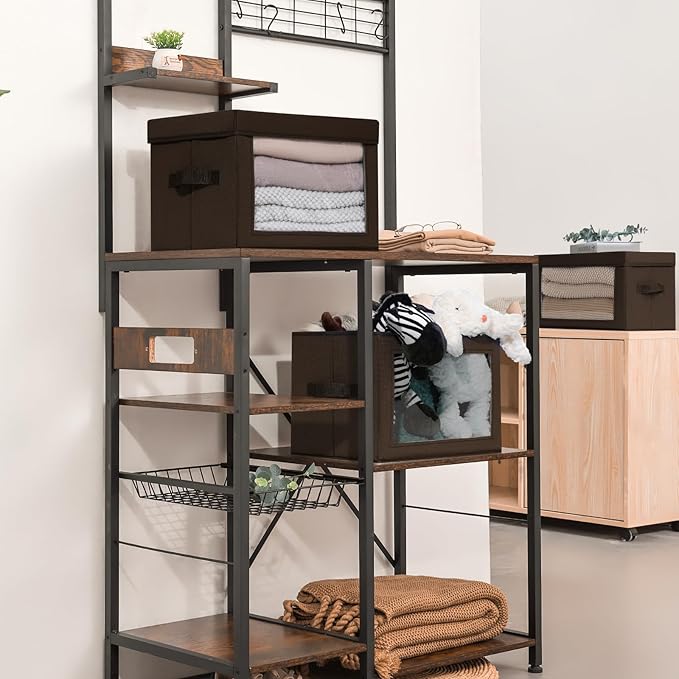 Foldable Storage Boxes with Clear Window - Clothes Organizers and Decorative Bins with Lid, Fabric Storage Cube, Baskets for Shelves, Yarn, Home, Brown, 3 Pack