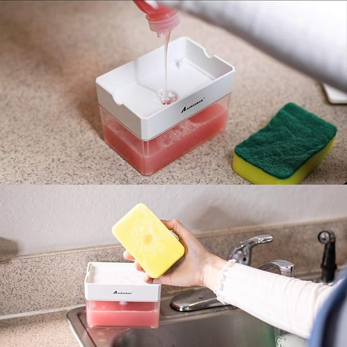 Premium Quality Soap Dispenser with Added Features for Kitchen - Sponge Holder Sink Dish Washing Soap Dispenser White