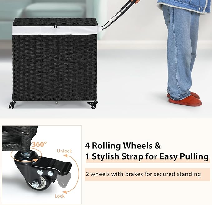 Giantex Laundry Hamper with Wheels and Lid, 125L Rattan Clothes Hamper with 2 Removable Liner Bags & Handle, 3-Section Foldable Laundry Sorter, Rolling Wicker Laundry Basket for Bathroom(Black)
