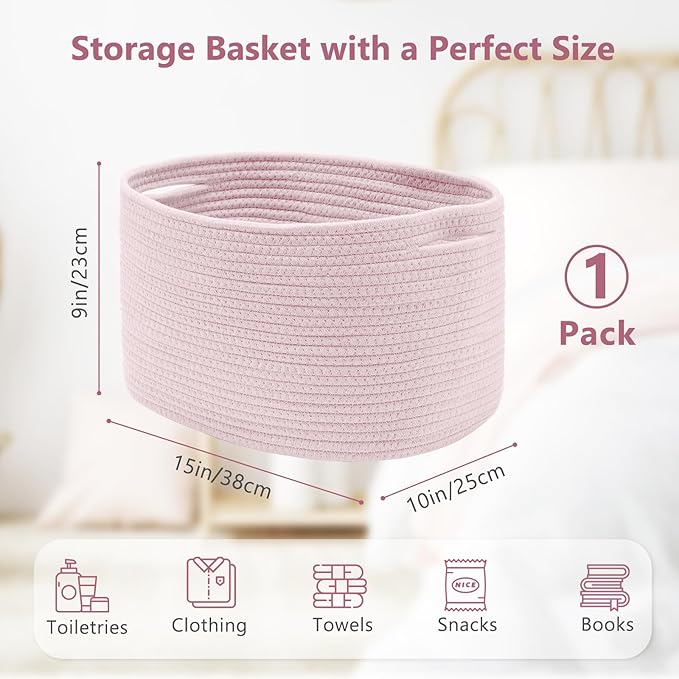 Cotton Rope Storage Basket, 15x10x9 Inches, Woven Basket for Shelves, Clothes, Towels, Books, and Laundry, Light Pink (1 Pack)