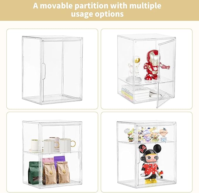 Attelite Acrylic Display Case Compatible with POP MART Labubu Display Case 4 Pack Clear Display Box with Magnetic Door for Figures Collectibles, 3 Adjustable Layers with a Removable Divider,X Large