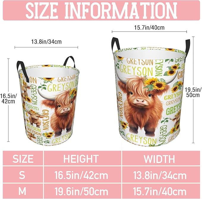 Highland Cow Laundry Basket,Personalized Laundry Hamper for Boys Girls,Custom Laundry Basket With Name, Customized Dirty Clothes Hamper for Bathroom Bedrooms,S-16.5"X 13.8"