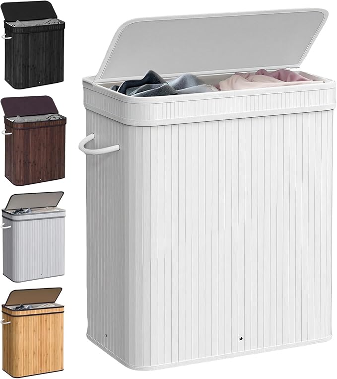 72L Laundry Hamper with Lid, Bamboo Laundry Basket with Removable Liner Bag, Foldable Clothes Hamper with Handles for Bedroom, Bathroom, Closet, White