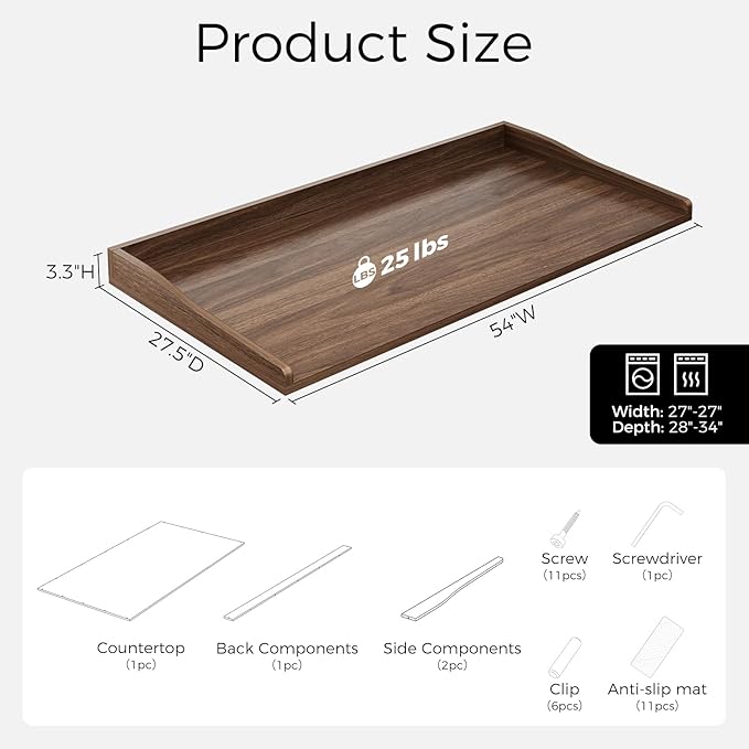 Washer Dryer Countertop, 54" W x 27.5"D Washer Dryer Topper with Non-Slip Mat, Laundry Countertop Organizer for Folding Clothes, Walnut