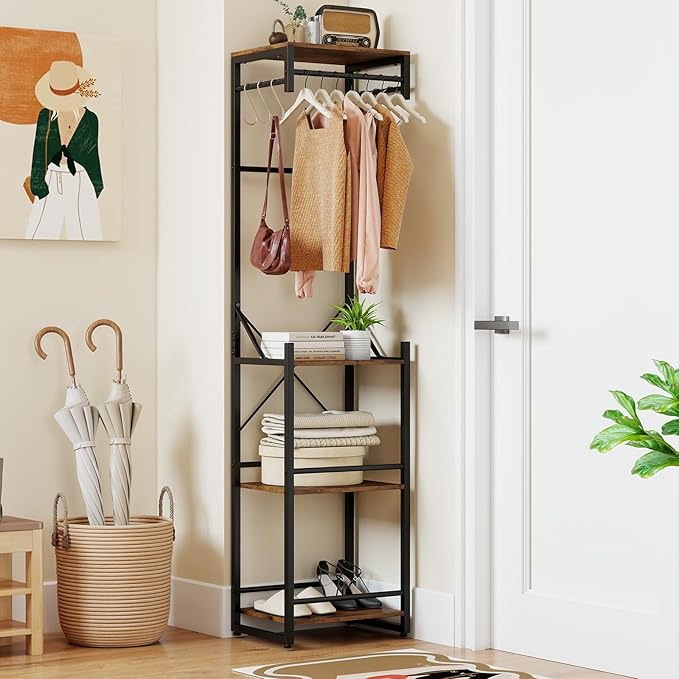 Tangkula Industrial Narrow Coat Rack Freestanding, Slim Hall Tree with 4 Storage Shelves, 6 Hooks & 3 Hanging Rods, Heavy-Duty Metal Clothes Rack Stand Organizer for Entryway, Hallway, Bedroom