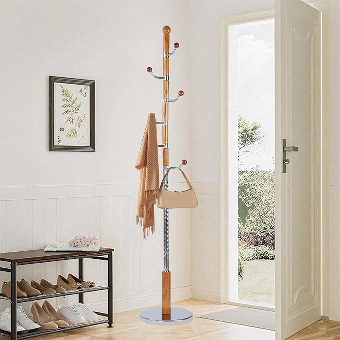 Wooden coat rack stand, Heavy duty coat racks tree freestanding with 6 Hooks and Sturdy Metal Base, Coat tree for jacket,Hats, Bags, Purses, clothes (Round base-Natural)