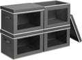 Stackable Storage Bins with Lids - Large Storage Box with Lids, Foldable Closet Boxes for Organizing, Wardrobe Clothes Organizer with Window, Cubes Bins for Living Room, 4 Pack, Dark Grey