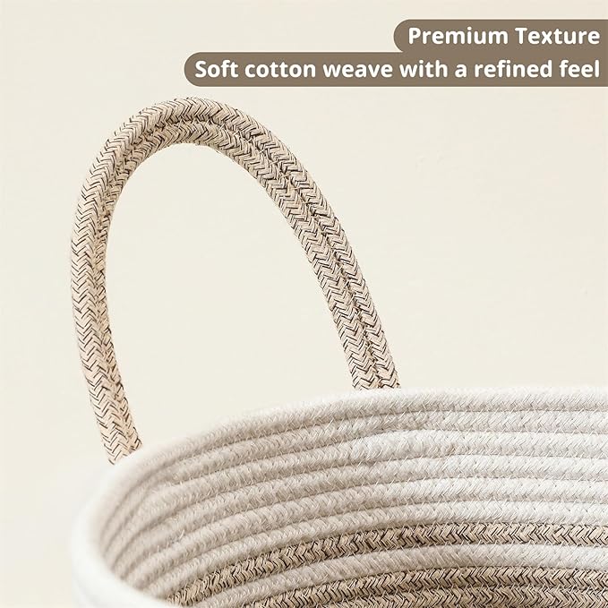 40L Woven Laundry Basket Hamper, 100% Natural Cotton Rope, Handwoven & Durable, Storage for Blankets, Toys, Clothes, Decorative Nursery Hamper for Living Room, Baby Room, Bedroom (Brown with White)
