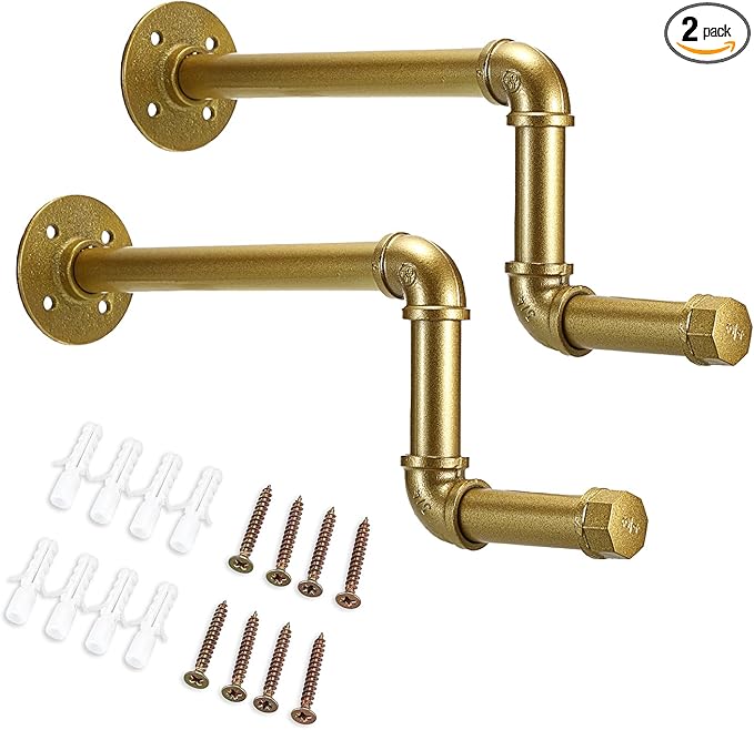 Sumnacon 2 Pcs 15 Inch Industrial Pipe Clothes Bars - Rustic Iron Coat Rack Hangers with Screws, Sturdy Metal Garment Rack Holders for Bathroom Cabinet Laundry Room Boutique Store,Gold