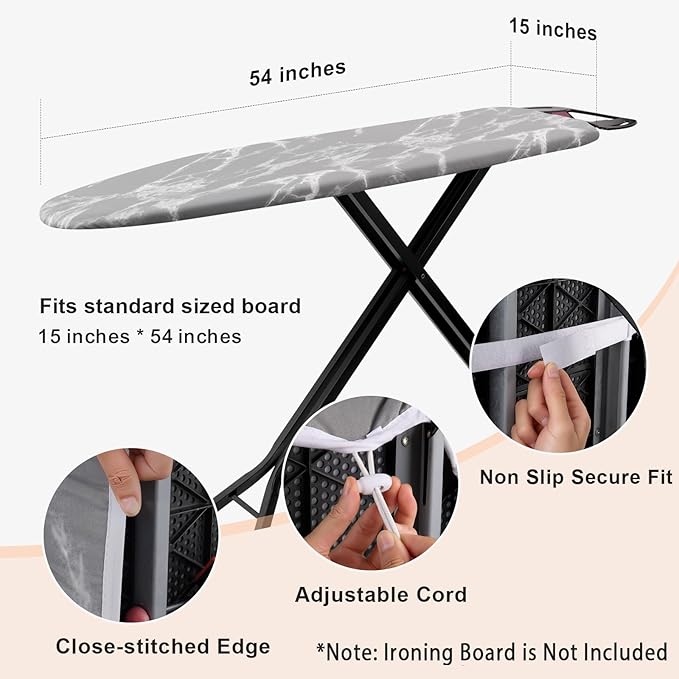 Seiritex Ironing Board Cover and Pad 54 x 15 inches, Thick Padding with Heat Reflective, Hook and Loop Fasteners with Elasticized Edges, Replacement Iron Board Cover Fit Standard Size (Gray Marble)