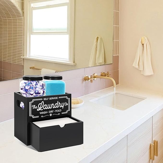 Laundry Pods Container, 7.8 x 5.1 x 6.7 Inches Wooden Dryer Sheet Container, Rustic Containers Storage Box, 2-Tier Storage Box with Drawer for Dryer Sheets and Pods (Black)