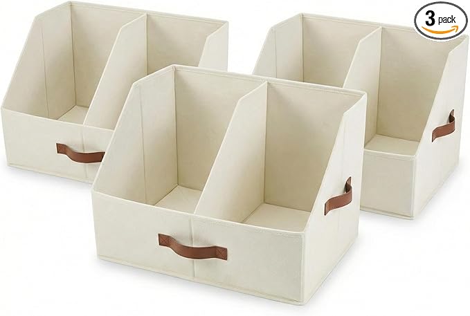 Trapezoid Storage Bin - UPGRADED HEIGHT Closet Organizers And Storage W/ Handles & Adjustable Dividers, Fabric Collapsible Storage Bins For Clothes Storage & Shelf Organizer (3pcs, Medium, Ivory)