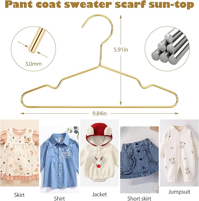 VWV Gold Hanger, 20 Pack 9.84 Inch Kids Baby Metal Hanger, Sturdy Baby Hangers for Wardrobe, Space Saving Toddler Hangers