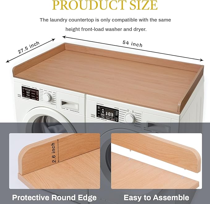 Washer Dryer Countertop Cover 54x27.5 Inch - Wood Laundry Table Top Organizer for Washing Machine & Dryer Set with Protective Edge, Heavy Duty Shelf (Oak)