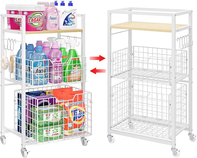 3 Tier Laundry Room Cart with Pull-Out Baskets, Utility Cart Rolling Storage Cart with Wheels Bathroom Organizers Storage Shelf with Wood Top Laundry Room Organization and Storage, White